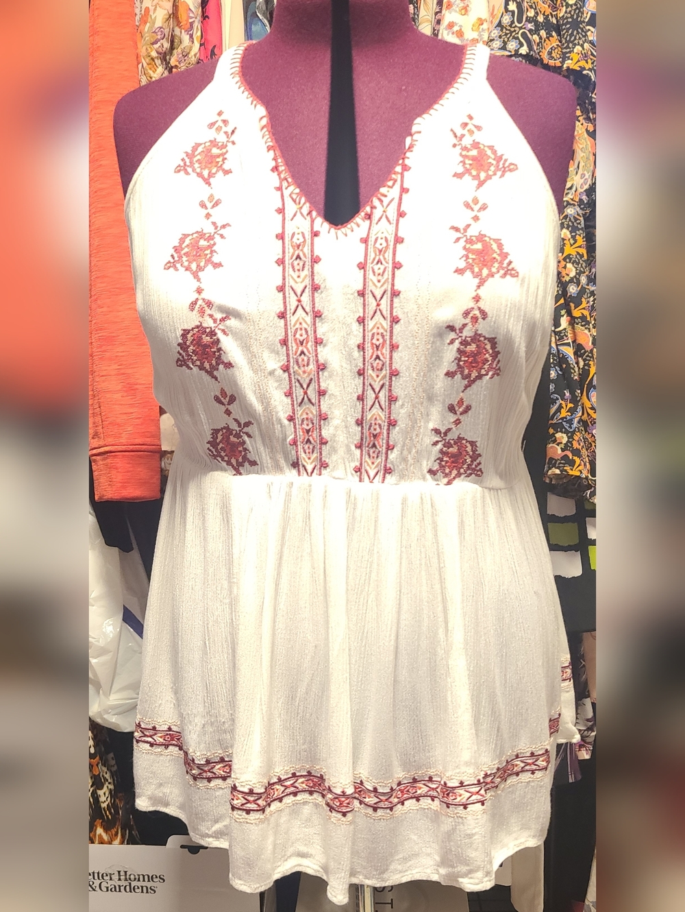 White Embroidered Peasant Tunic with Red And Pink Accents